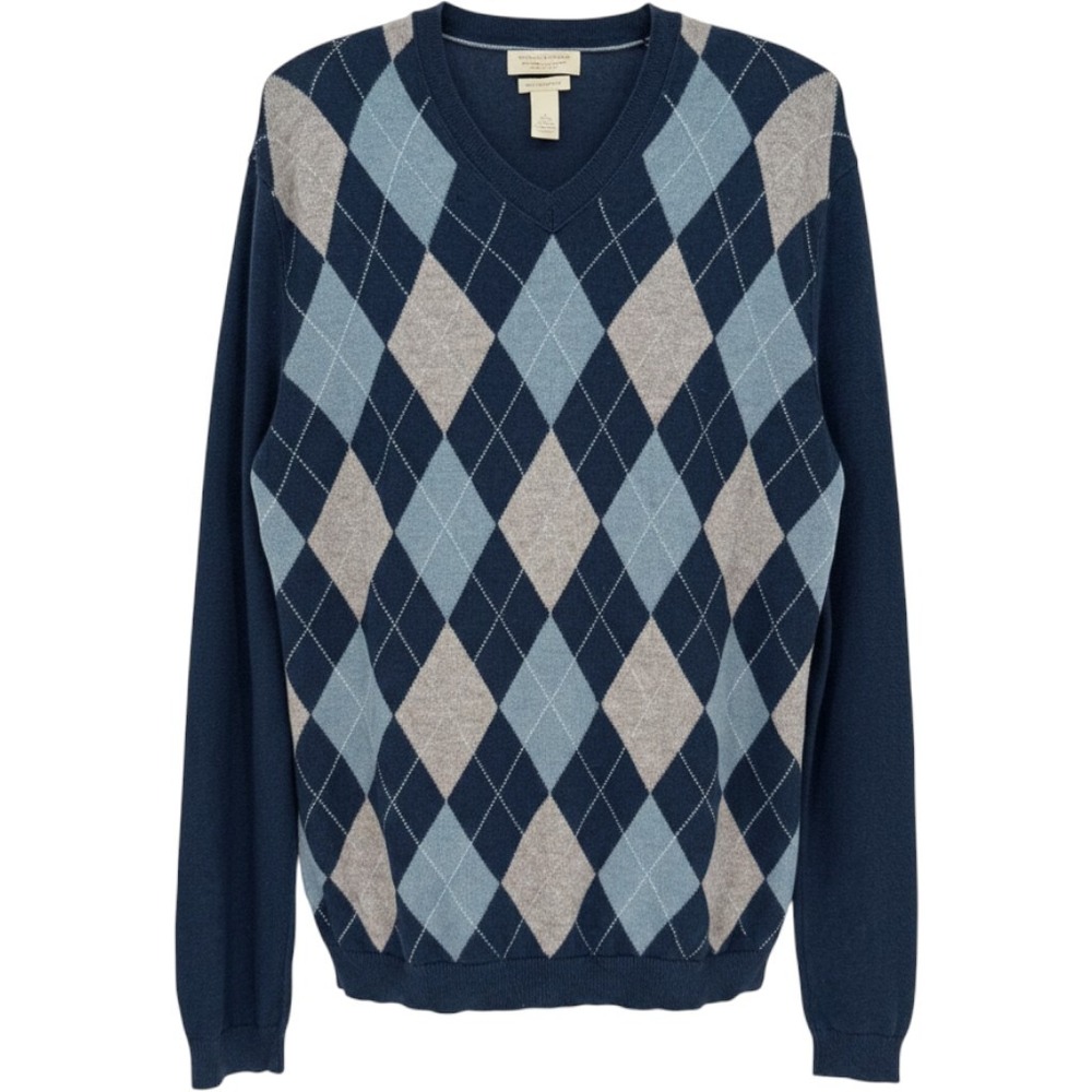 Banana Republic Argyle Cashmere Silk Sweater Mens Large Navy Preppy Quiet Luxury